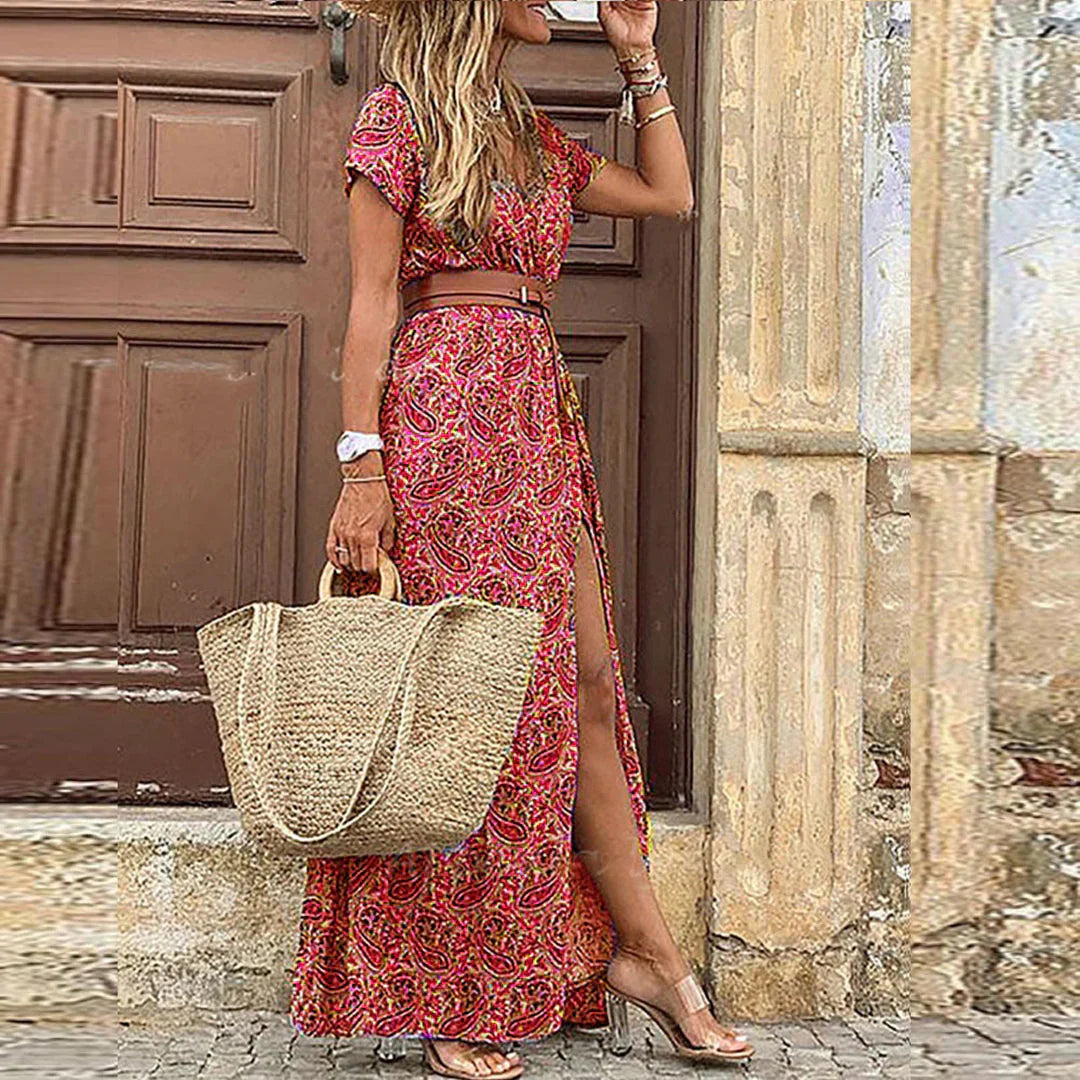 Alina | Printed V-Neck Maxi Dress with Split