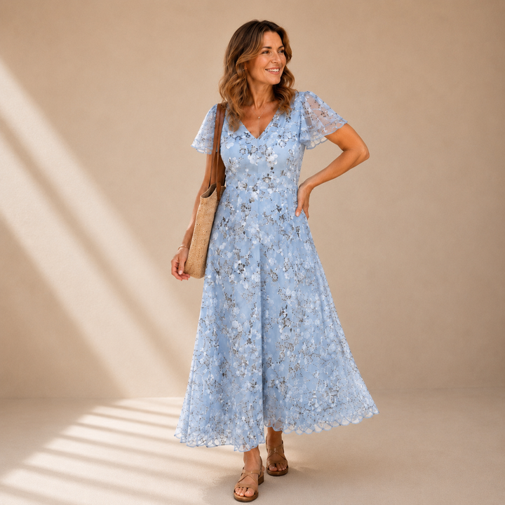 MARIELLE | ABITO MAXI FLOREALE CON SCOLLO A V