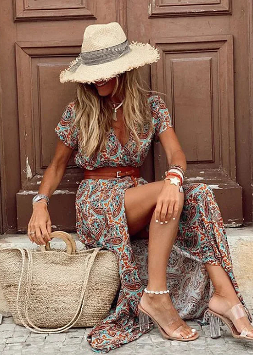 Alina | Printed V-Neck Maxi Dress with Split